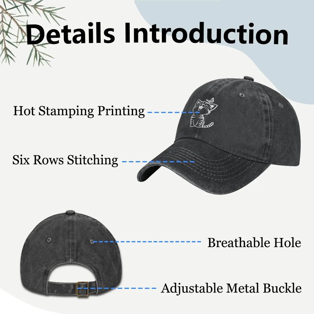 Women's Cute Cat and Butterfly Hat Adjustable Vintage Distressed Washed Baseball Cap for Men Women Black