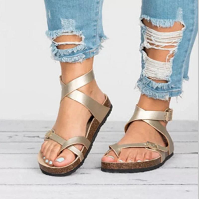 Women Belt Buckle Sandals Summer Roman Comfortable Round Toe Flip Flops Large Size Comfortable Open Toe Shoes Femmes