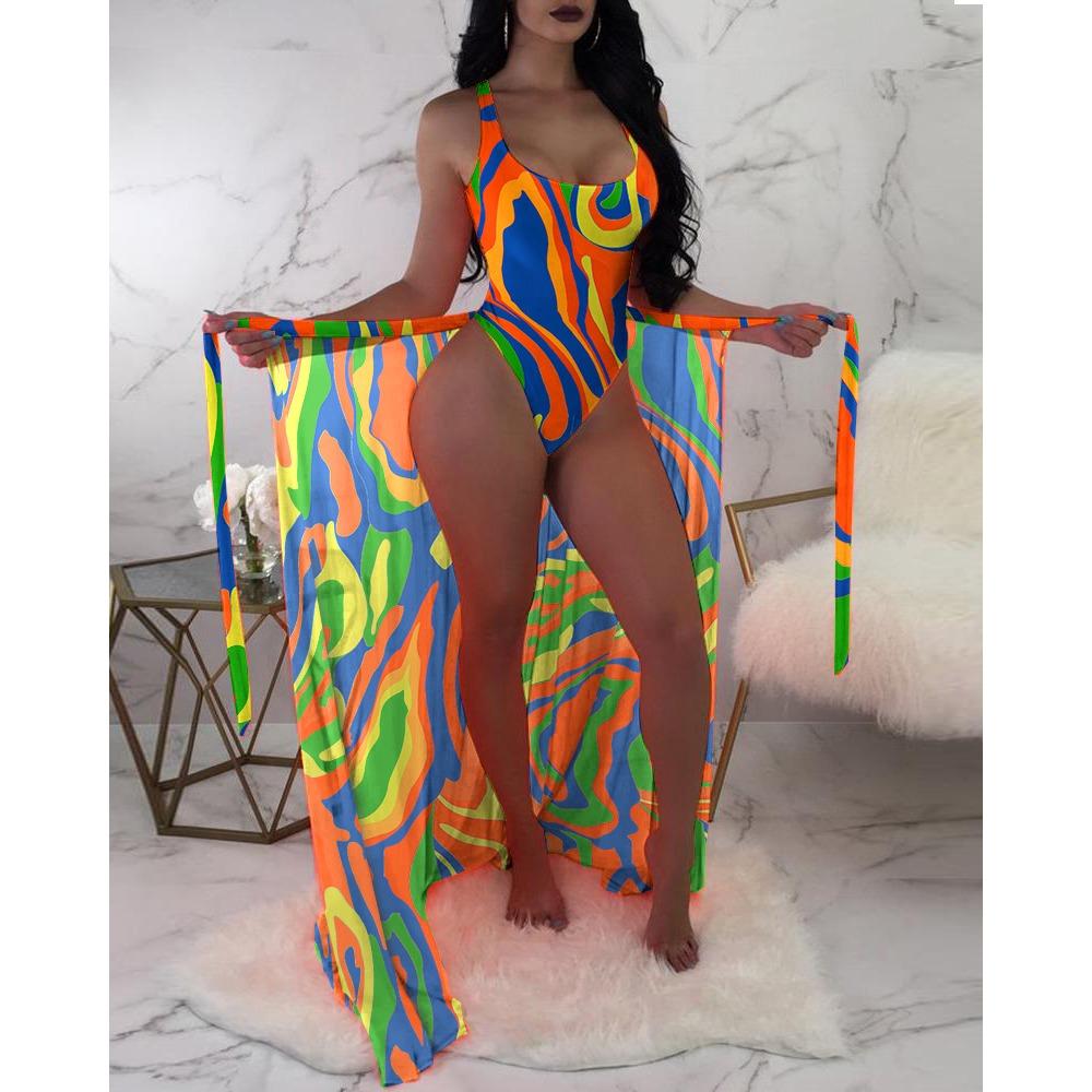 European and American Swimsuit Women's Three-piece Mesh Blouse Contrasting Color Printing Bikini