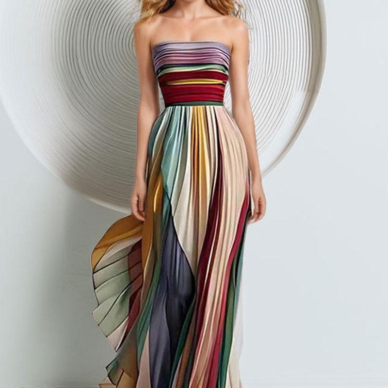 

European & American Women s Strapless Colorful Print Evening Dress M