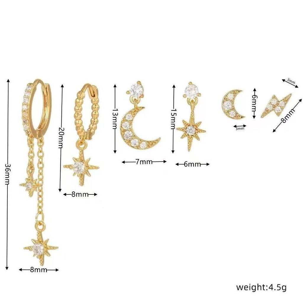 Star and Moon Chain Tassel Earrings with Hexagram Zircon Studs Set - Women's Dangle Earrings