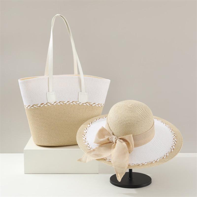 Summer Straw Hat And Bag Set With Large Brim For Beach Travel And Sun Protection