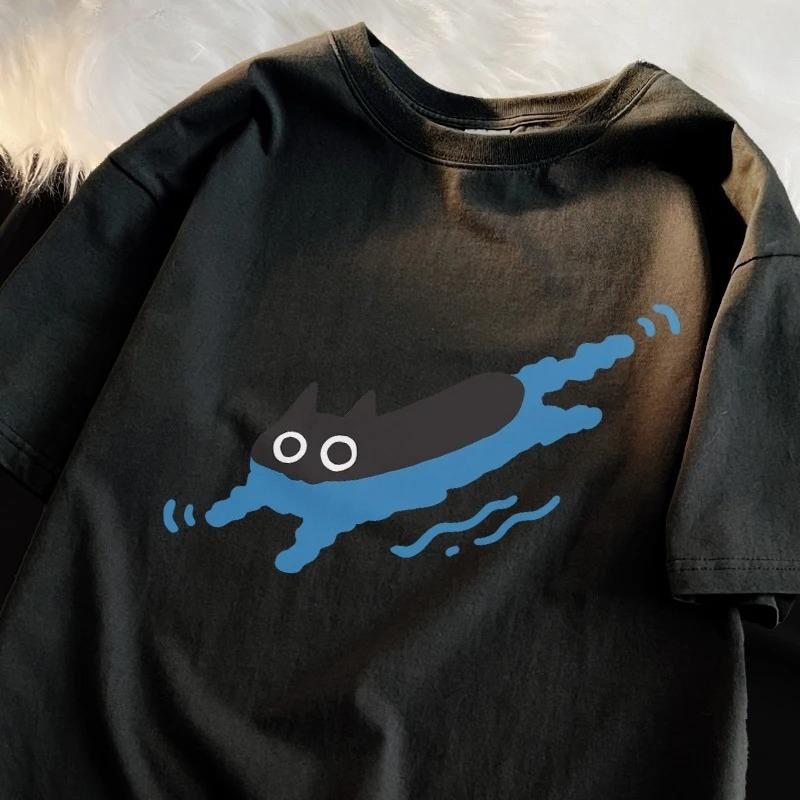 UnisexTees Swimming Black Cat Diving Shoulder Short Sleeved Tshirt for Unisex Breathable Casual Creative Summer Clothing Tops