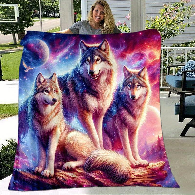 1pc Wolf Printing Lightweight Flannel Blanket, Comfortable and Warm Blanket, for Camping Sofa Bed and Couch Office, Gift