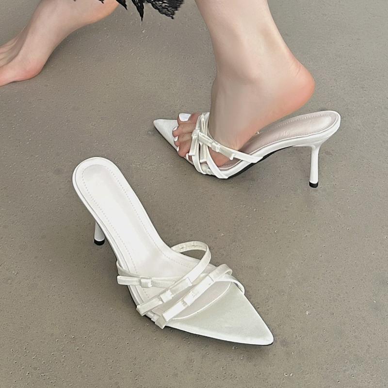 Fashion Elegant Bow Cross Tied Slippers Women Fashion Pointed Toe Thin Heel Slide Sandals Luxury Brand Designer Dress Shoe Zapatos Mujer