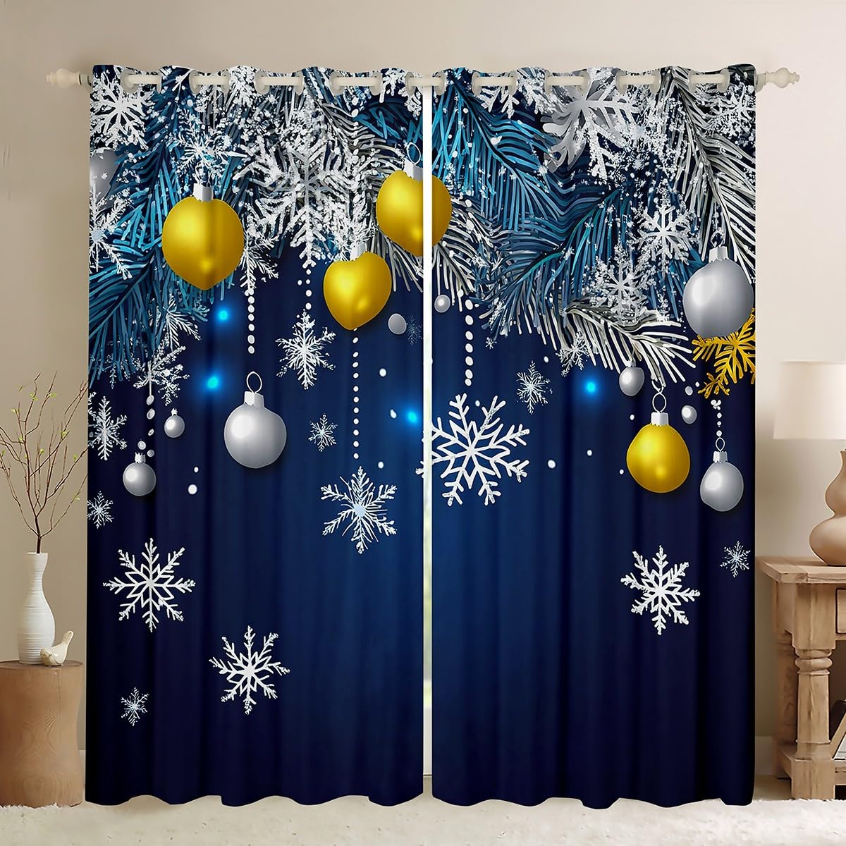 

Snowflake Curtains Drapes Merry Christmas Decor Child Boys Girls New Year Gift Glitter Galaxy Curtain Blackout Made Of Polyester W100*H130(CM)-Hooks&2PCS