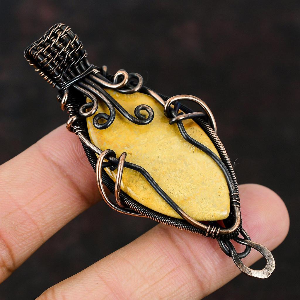 Fossil Coral Gemstone Pendant Copper Wire Wrapped Pendant Handmade Wire Wrapped Jewelry Gift For Mother Fossil Coral Jewelry Antique Pendant
