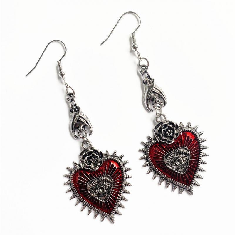 Gothic Punk Red Rose Wings Heart Earrings
