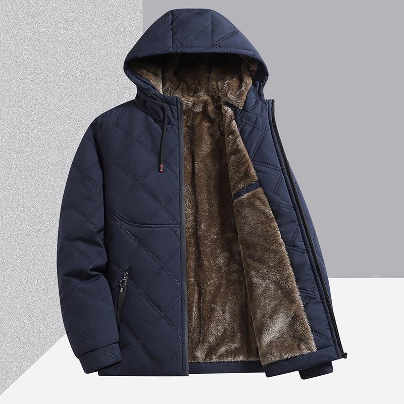 Men's Mid-Length Hooded Winter Coat with Velvet Lining for Middle-Aged and Elderly