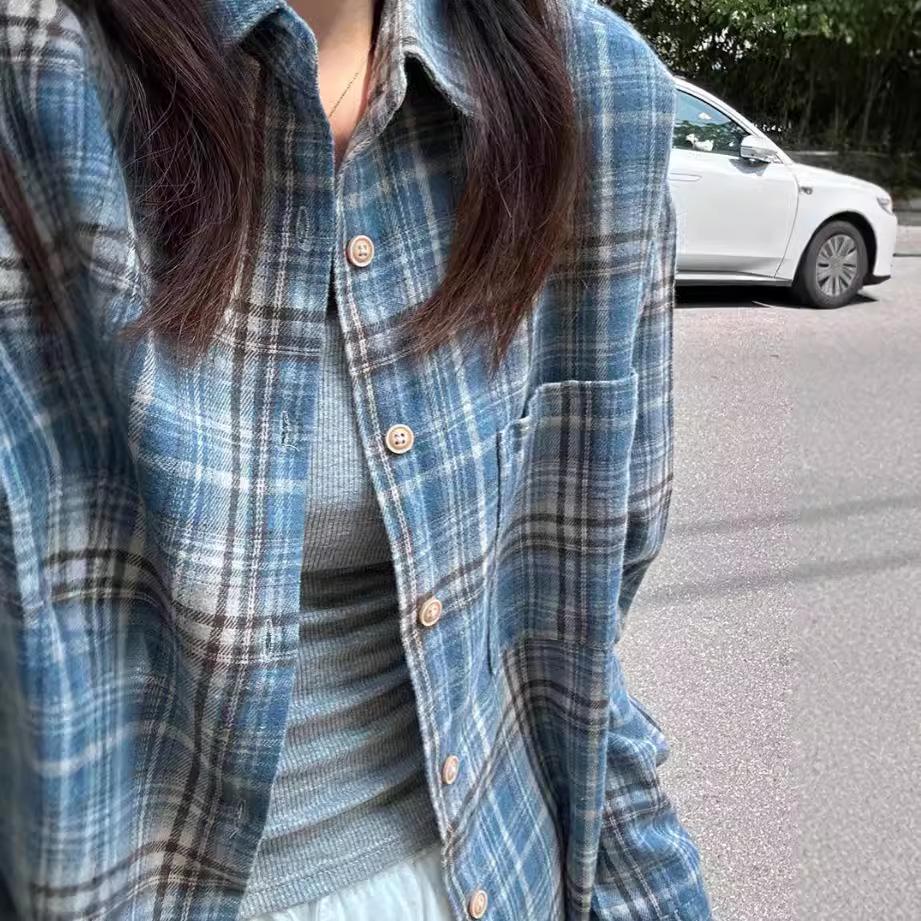 

Женская рубашка свободного покроя с длинным рукавом в синюю клетку в стиле Харадзюку — повседневная, универсальная на весну и осень Large синий