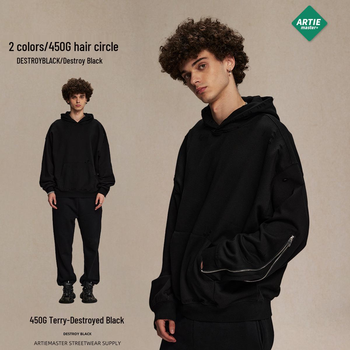 2025 Men s Autumn/Winter Heavyweight Loopback Cotton Hoodie with Sleeve Zipper - Trendy American Brand M
