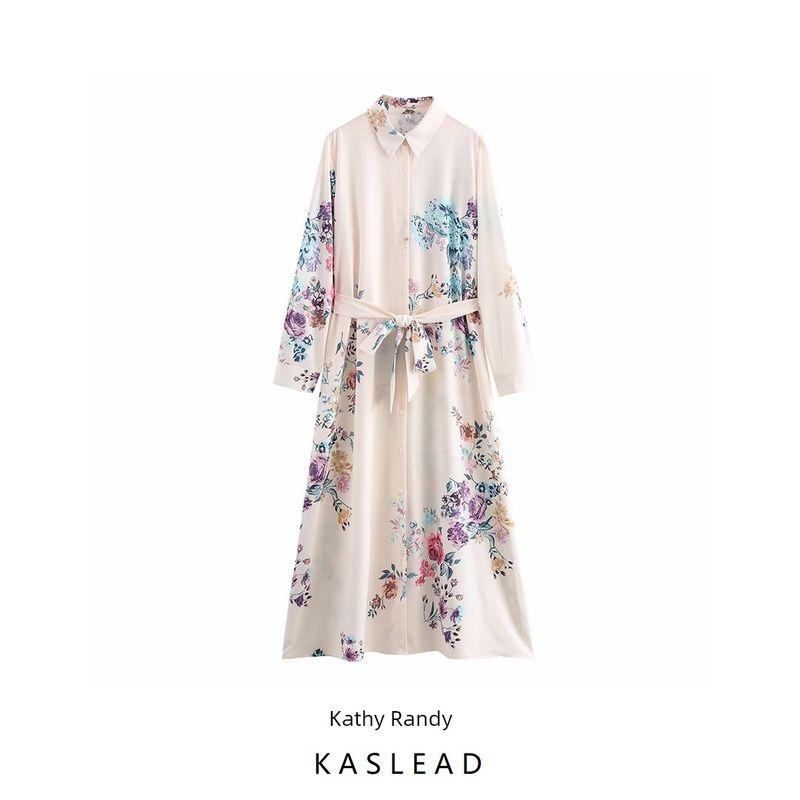 Kaslead New Arrival Women's Clothing Fashion Style Fashion Minimalist Printed Shirt with Belt Long Sleeves Dress