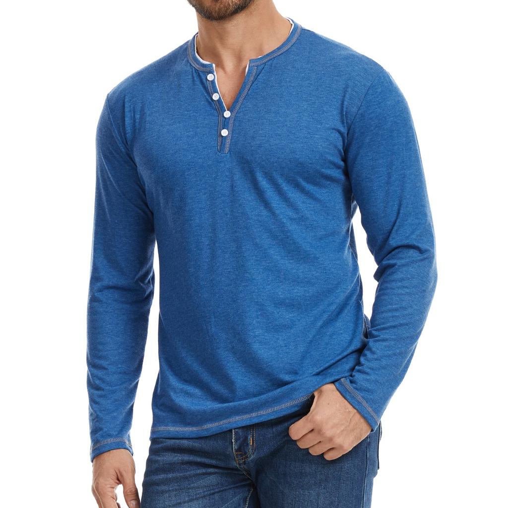 Bavlněné Pánské Ležérní Podzimní Zimní Tričko Henley s Malým Výstřihem do V s Dlouhým Rukávem Pohodlné Měkké Strečové Pulovrové Tričko