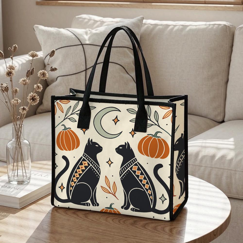 Boho Halloween Cat Pumpkin Canvas Tote Bag for Daily Use