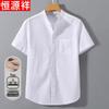 Hengyuanxiang Men's Cotton Linen Short Sleeve Band Collar Shirt