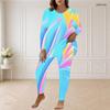 Women Plus Size Round Neck Long Sleeve Neon Print Longline Top Fitted Pants Two Piece Set