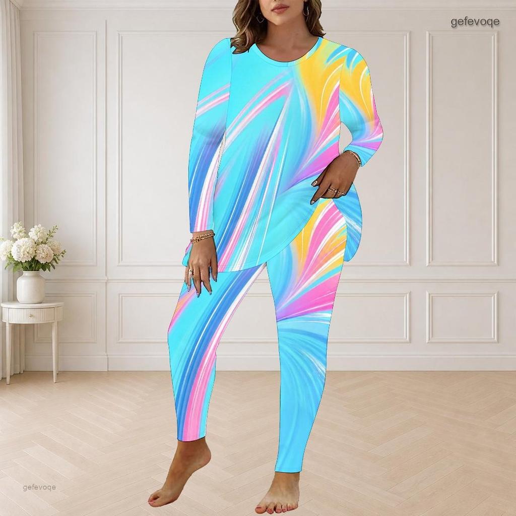 Women Plus Size Round Neck Long Sleeve Neon Print Longline Top Fitted Pants Two Piece Set