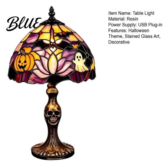 USB Desk Light Halloween Pumpkin Ghost Table Light Stained Glass Art Night Plug-in Lamp Vintage Decorative Lamp for Holiday Party Home Gothic