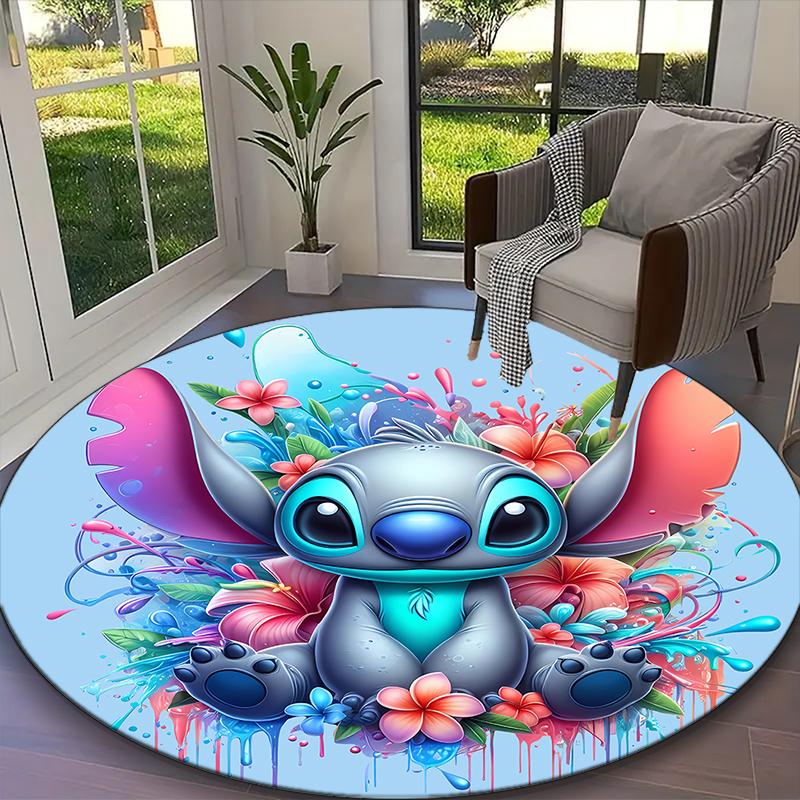 Stitch Blue Pink Drink Floral Carpet, Non-slip Office Chair Rug, Digital Print Home Round Rug, Unique Festival Decorations