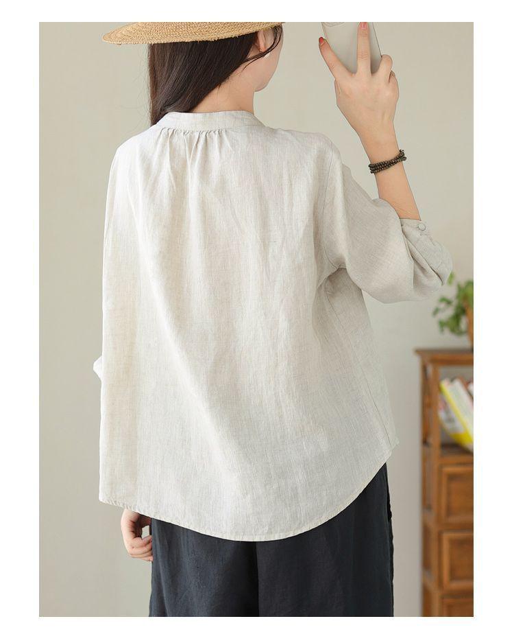 Jesienna Bawełniano-Lniana Koszulka z Długim Rękawem: Literacki, Retro, Odchudzający, Luksusowy Damski Top.