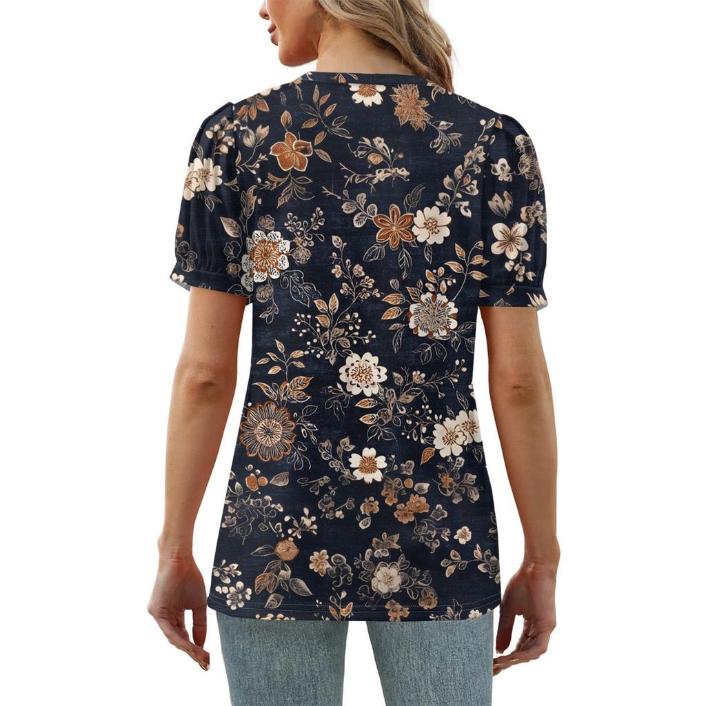Damenmode Blumendruck Top Puff Kurzarm V-Ausschnitt T-Shirt Lose Casual T-Shirt