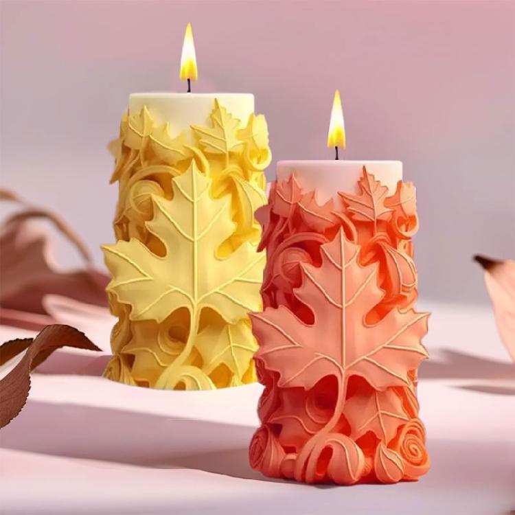 Cylinder Candle Silicones Molds, Leaf Carved Candle SIlicones Molds