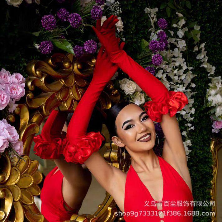 Vintage Red Satin Long Gloves - 55CM for Christmas, Socialite Parties, Ballet, Latin Dance, Banquets, & Photos