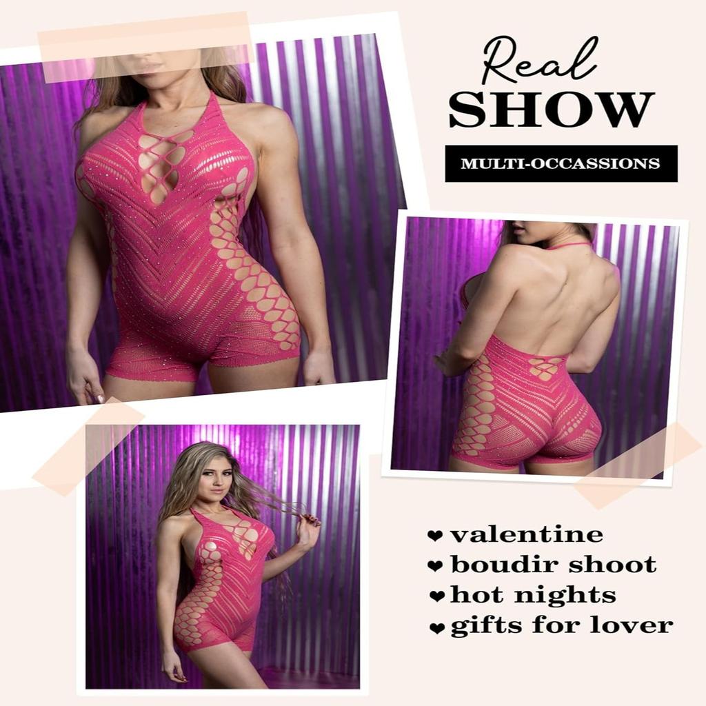 Avidlove Womens Lingeries Fishnet Lingerie for Women Sexy Outfit Fishnet Bodysuit Sparkle Rhinestone Cut Out Romper