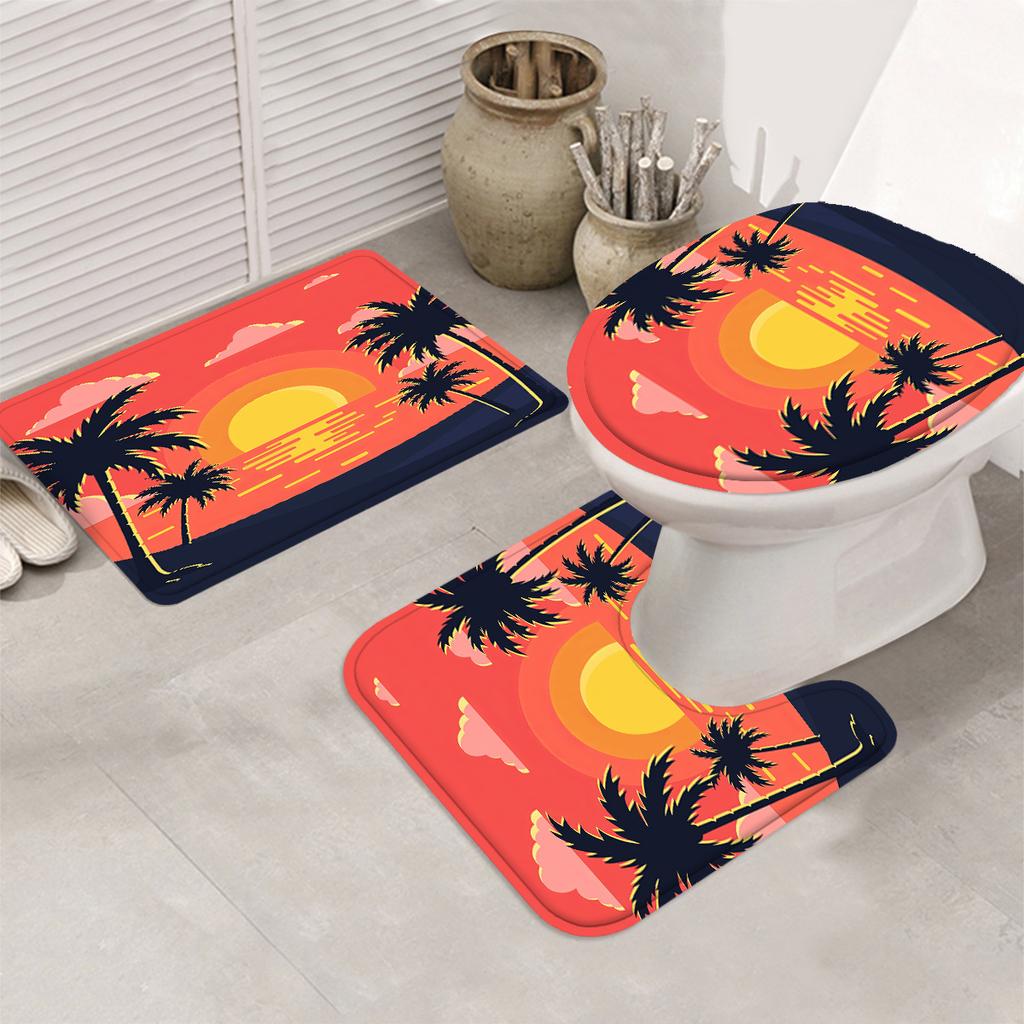 Coconut Tree Decorative Shower Curtain Bathroom Set - Machine Washable, With 12 Hooks, Including Toilet Seat Cover And Bathtub