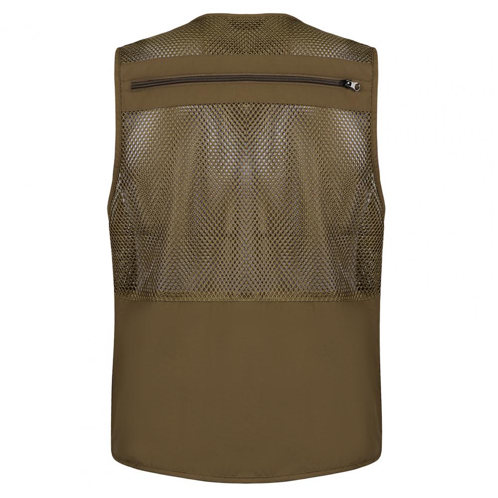 Men Cargo Waistcoat V-neck Sleeveless Zipper Placket Vest Coat Solid Color Mesh Stitching Multi Pockets Fishing Hiking Waistcoat