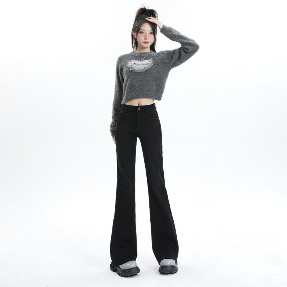 

Осень и зима новые микро-клеш джинсы женские модный дизайн чувство высокая талия и тонкие джинсы 2XL чёрный