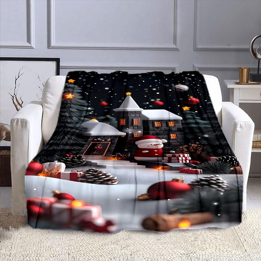 Snowman and Gifts by a Cozy Winter House Patterned flannel blanket perfect for the bedroom living room, sofa, or a little nap