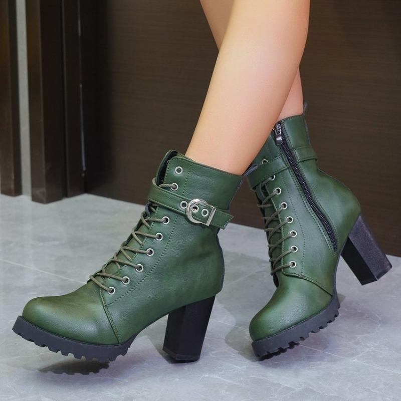 Large size lace-up fashion boots autumn and winter new high-heeled side zipper buckle belt low tube round head women's boots