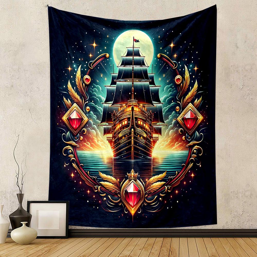 "Golden Pirate Ship Under Moonlight" Patterned tapestry home decor, suitable for bedroom and living room, gift