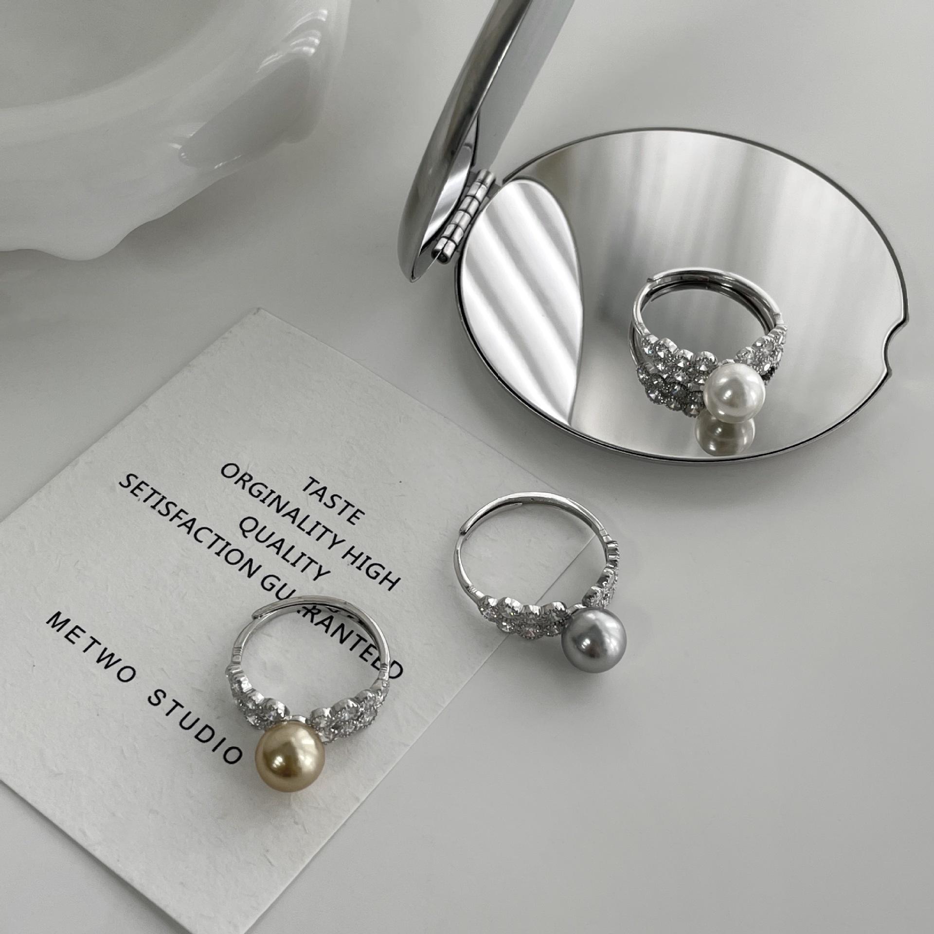 

French Classic S925 Silver Pearl & Diamond Ring for Women, Adjustable Open Design