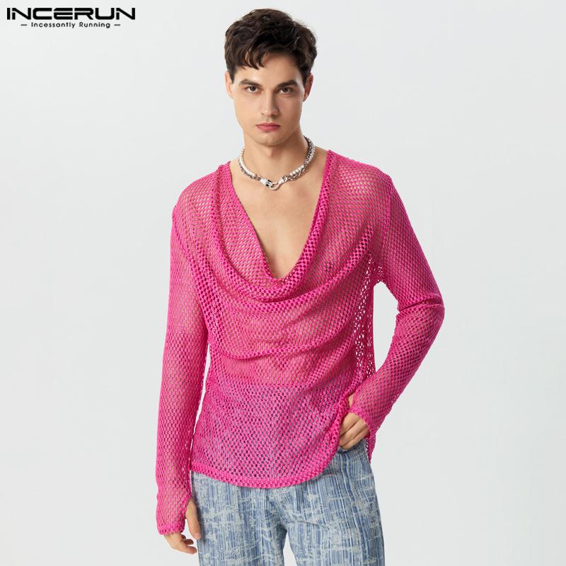 

INCERUN Мужские топы из прозрачной сетки с отложным воротником и длинными рукавами