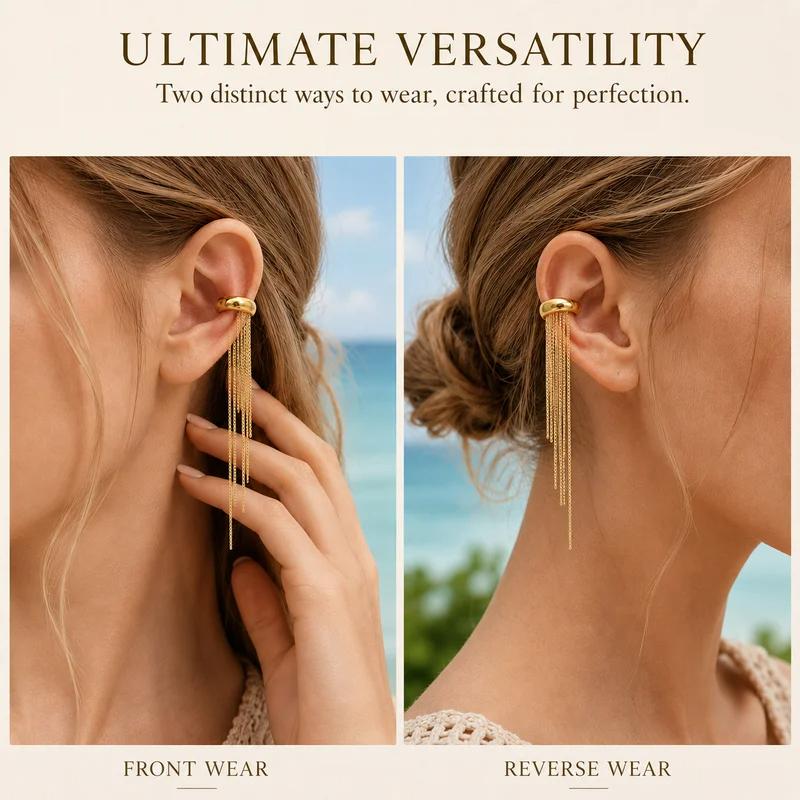 Women's Fringe Earrings No Piercing Required Long Chain Earrings for Women Stainless Steel Clip-On Earrings