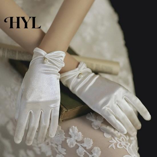 Wedding Bridal Gloves 1 Pair Faux Pearls Decor Shirring Cuffs Solid Color Elegant Short Wrist Satin