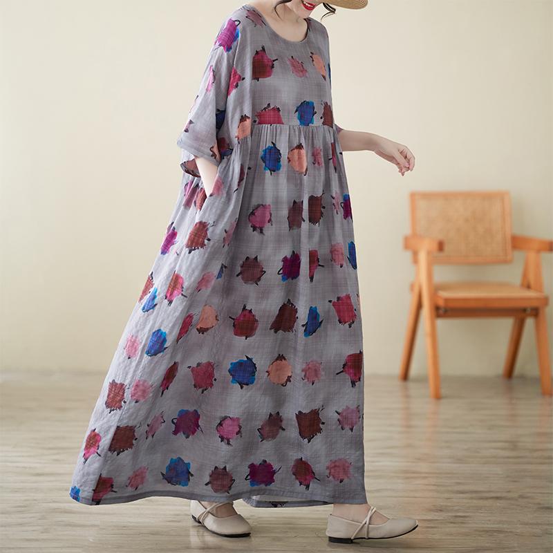 

DIMANAF 2025 Women Plus Size Summer Casual Loose Vintage Printing Dress Basic Oversize Short Sleeve Maxi One Size фиолетовый