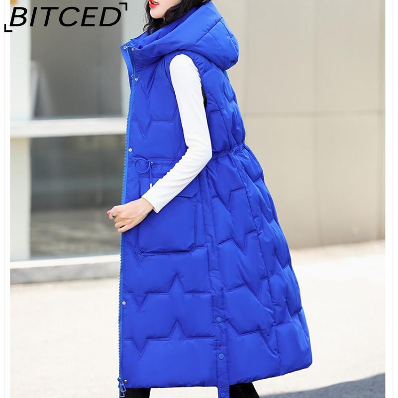 BITCED Women's Plus Size Long Down-Filled Quilted Vest with Hood, Thickened Sleeveless Coat for Autumn/Winter