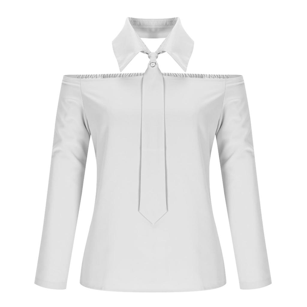 Dammode Enfärgad Kragknyt Långärmad Off Shoulder Casual Skjorta Topp