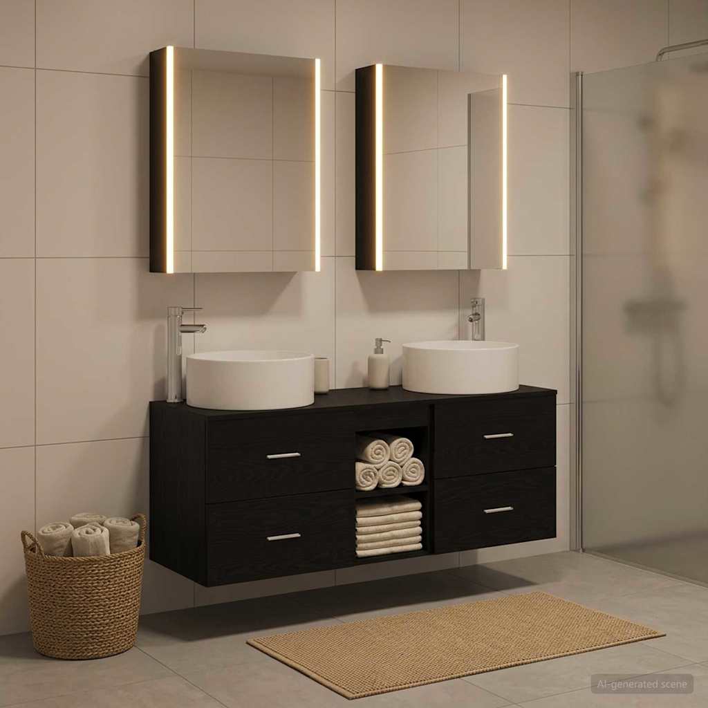 5 Piece Bathroom Furniture Set Black Oak Engineered Wood and Glass