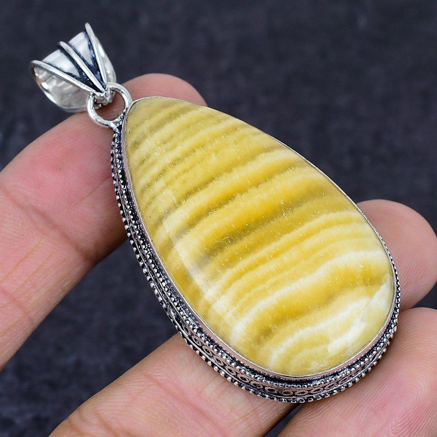 Yellow Calcite Gemstone 925 Sterling Silver Jewelry Pendant 2.56"