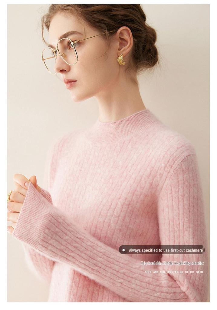 Women's Pure Cashmere Cable Knit Sweater - Autumn/Winter 2026, Half-High Neck, Loose, Slimming, Gentle Style.