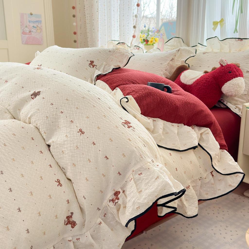 Bubble Cotton Fresh Floral Lace Bedding Set - 4-Piece Soft Duvet Cover & Sheet