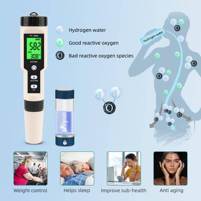 Digital Hydrogen Meter Water Quality Tester with ATC High Accuracy Pen Type H2 Meter Data Hold Function LCD Displays