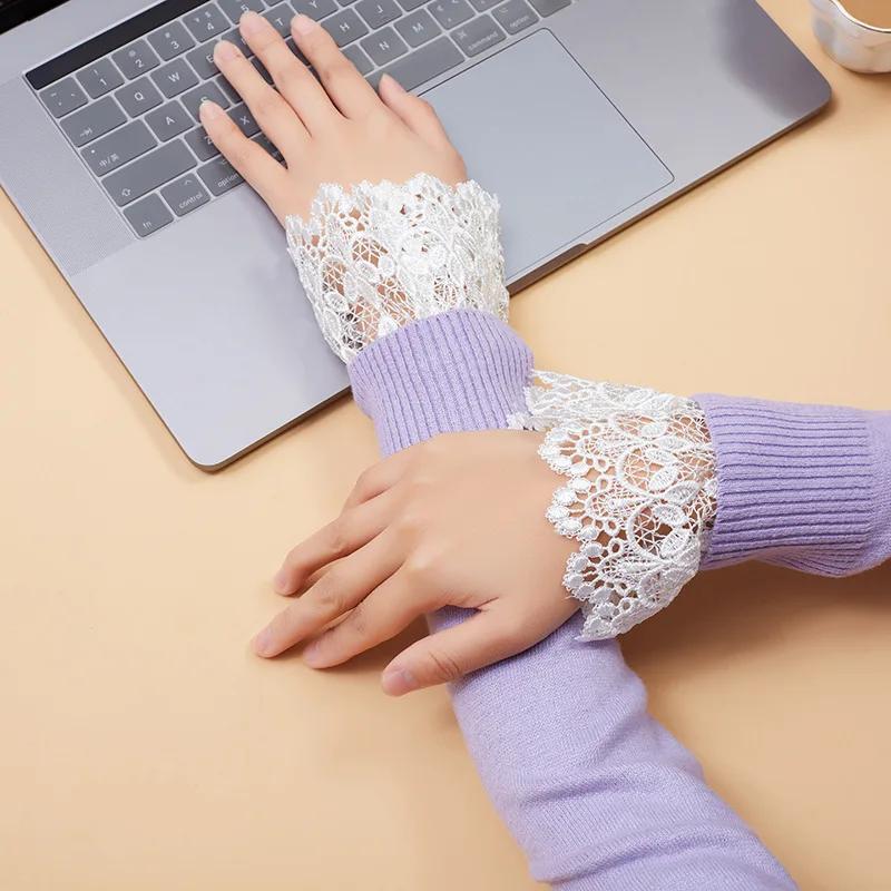 1 Pair Girl Lace Fake Sleeves for Women Shirt Sweater Floral Embroidery Pleated Wrist Warmers Fake Cuff Ladies False Cuffs