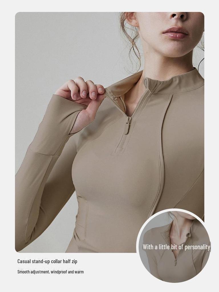 Women's Slim Fit Long Sleeve Yoga Top with Half-Zip Stand Collar
