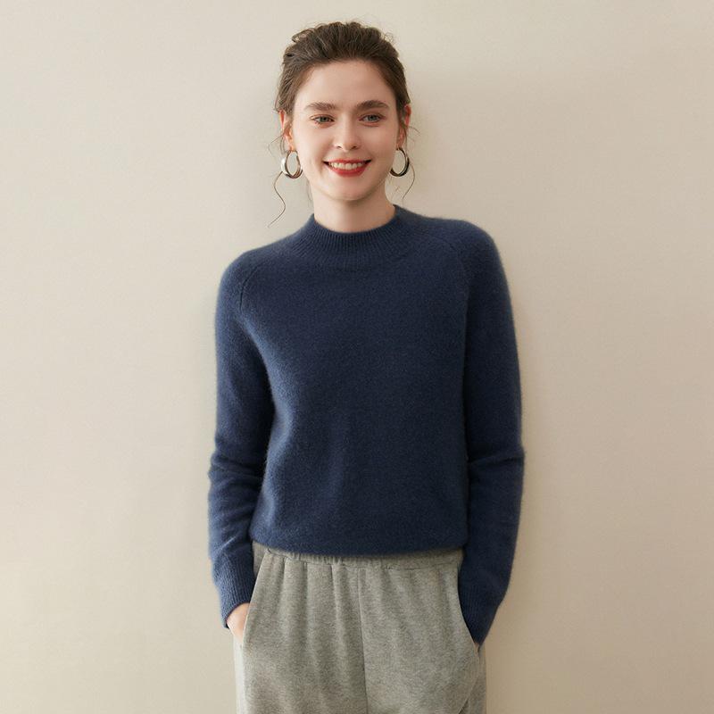 Women's 100% Pure Cashmere Sweater - Autumn/Winter Thick Half-High Collar Knit Base Layer, Loose Slimming Short Style
