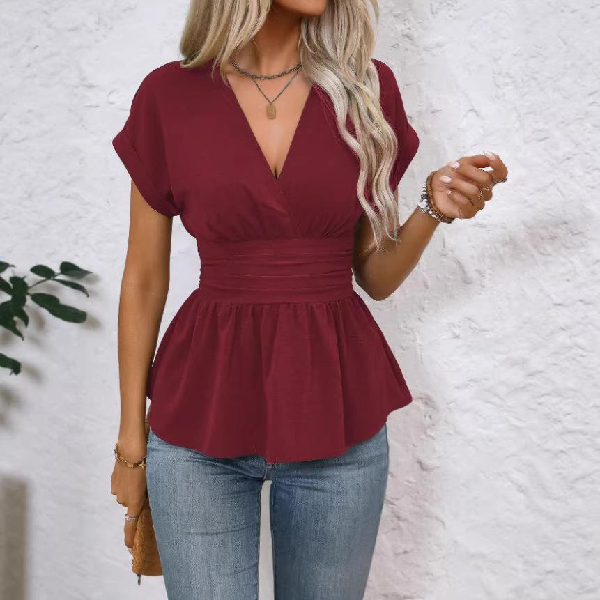 Summer New Women's Pure Color T-shirt Blouse with Pleated Skirt Oulder Insertion Ort Sve V-neck Thiened Top European Style